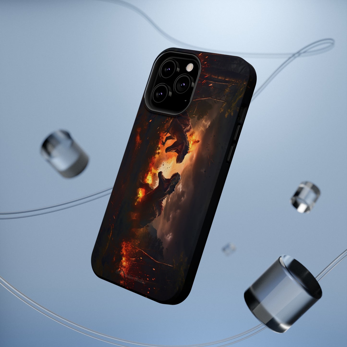 Introducing the "Ancient Battle Inferno" Cell Phone Case – Witness Epic Dinosaur Clash in a Fiery Forest! -MagSafe Tough Cases