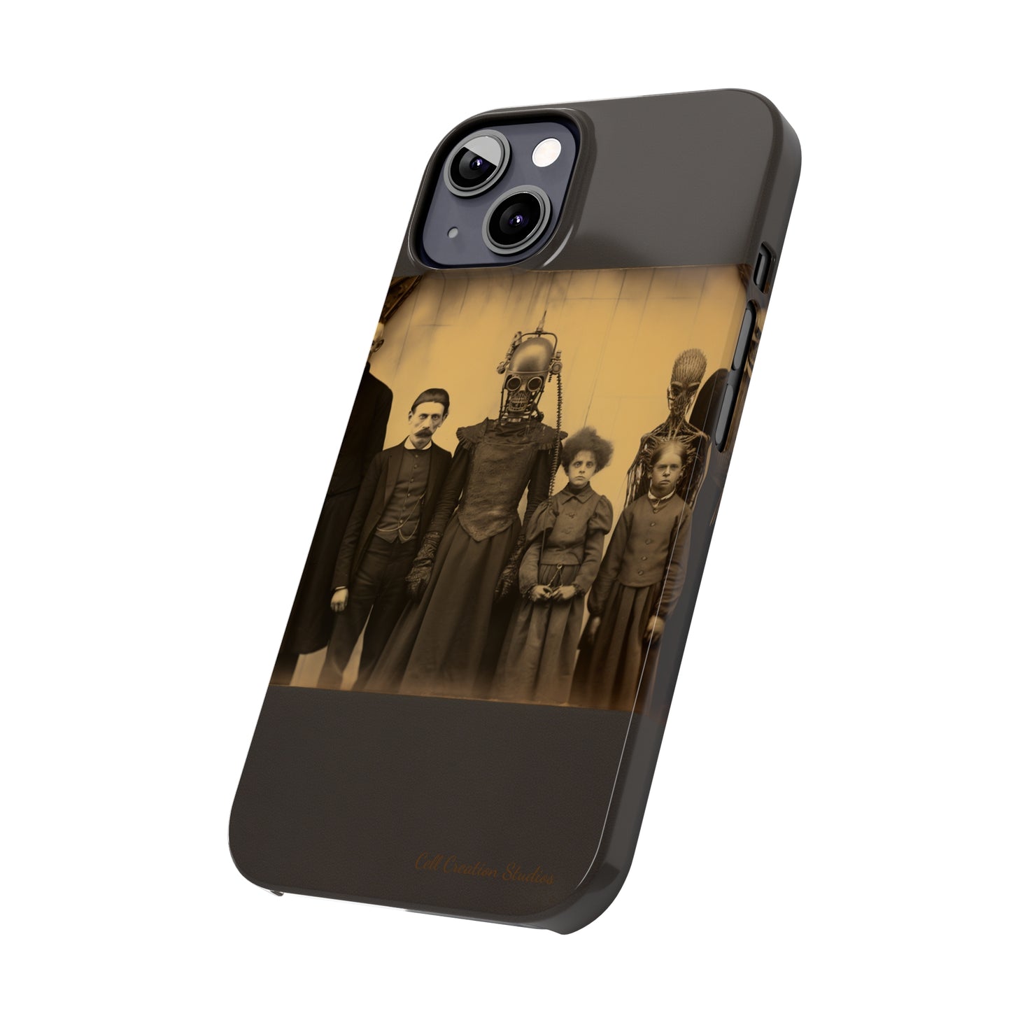 Introducing the "Vintage Odd Creatures" Cell Phone Case – Step into the Eerie Charm of a Haunting Family Portrait -Slim Phone Cases