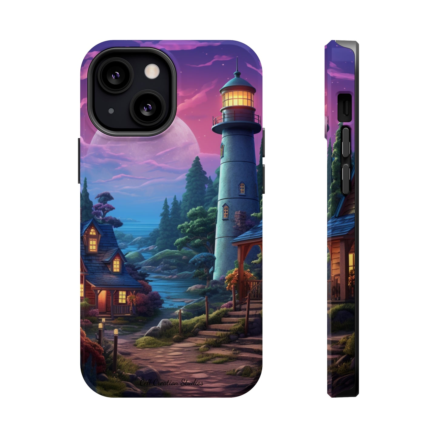 Introducing the "Tranquil Lighthouse Haven" Cell Phone Case – Embrace Serenity with a Picturesque Town and Lighthouse -MagSafe Tough Cases
