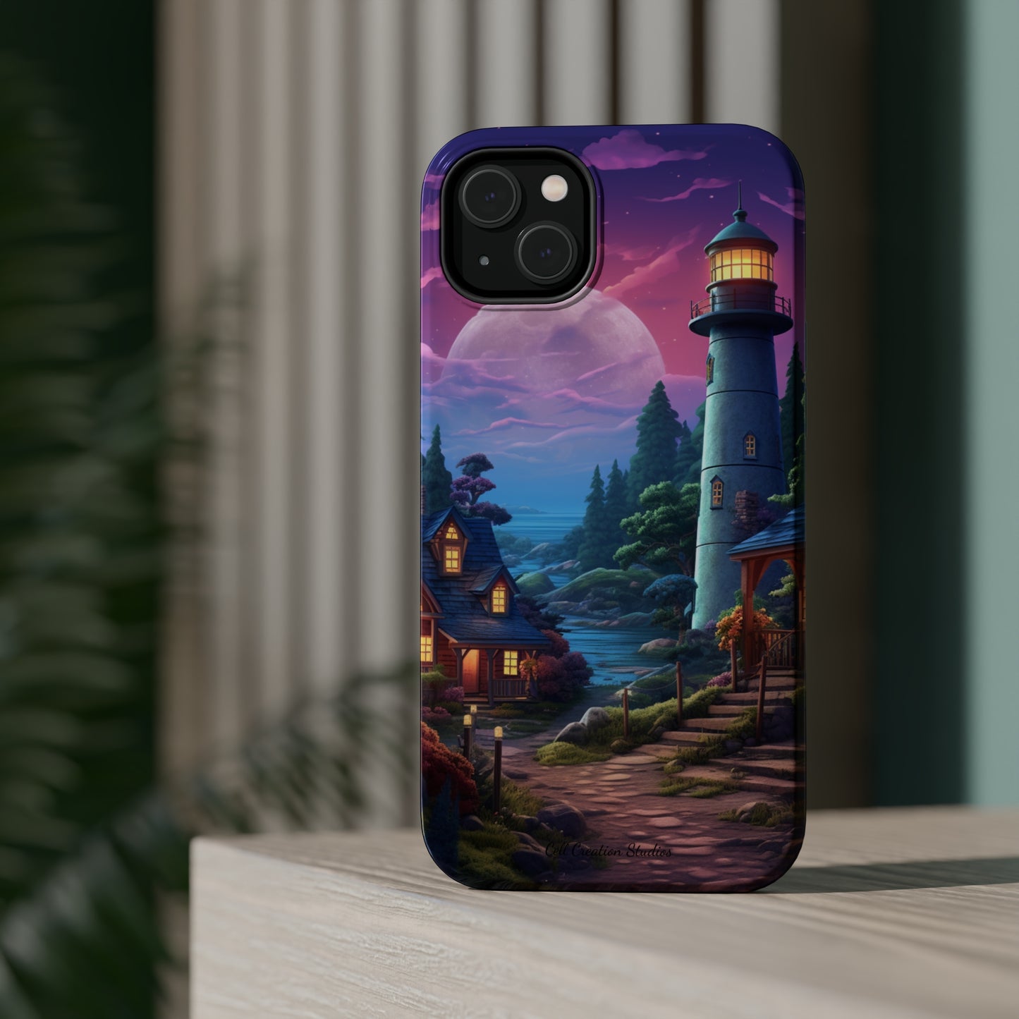 Introducing the "Tranquil Lighthouse Haven" Cell Phone Case – Embrace Serenity with a Picturesque Town and Lighthouse -MagSafe Tough Cases