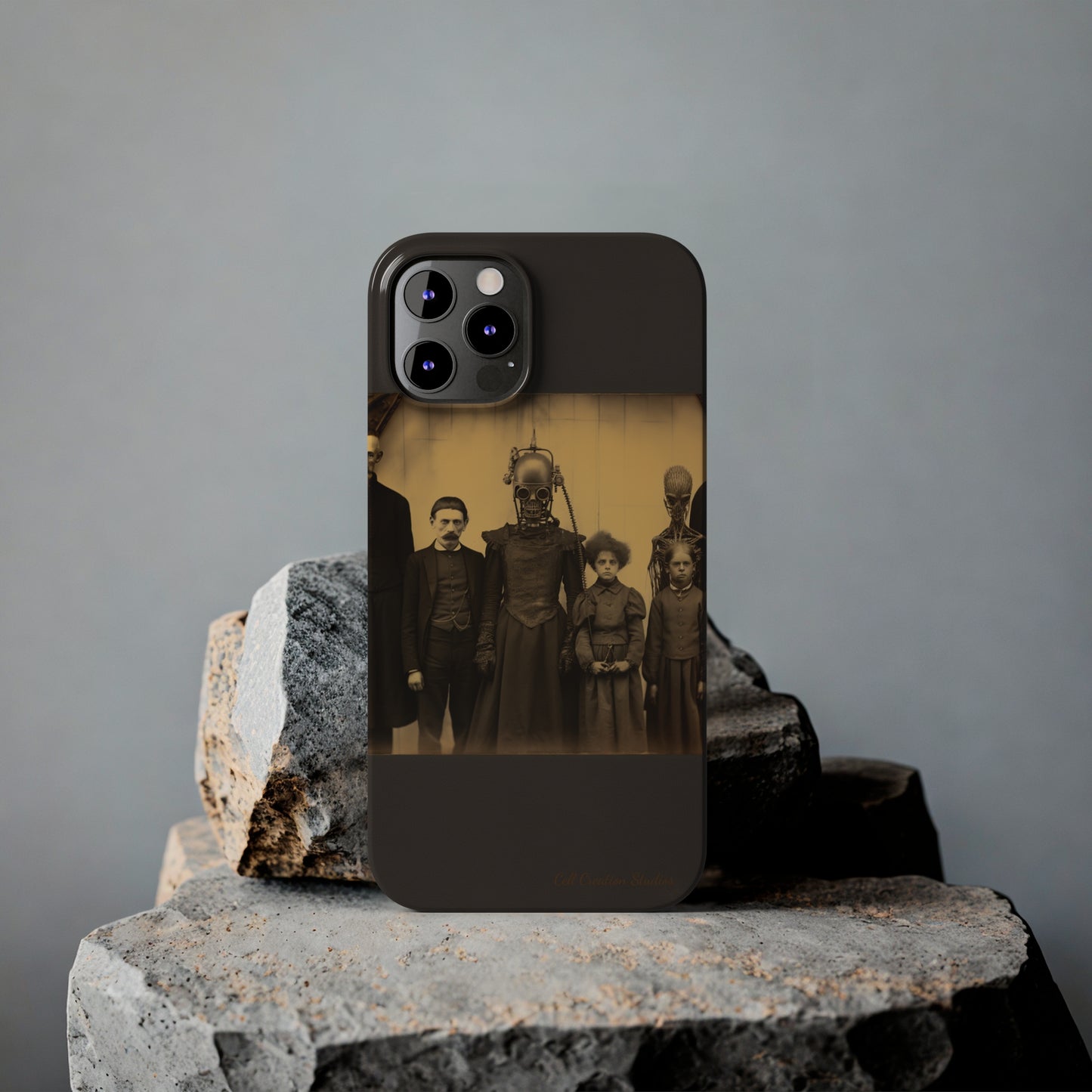Introducing the "Vintage Odd Creatures" Cell Phone Case – Step into the Eerie Charm of a Haunting Family Portrait -Slim Phone Cases