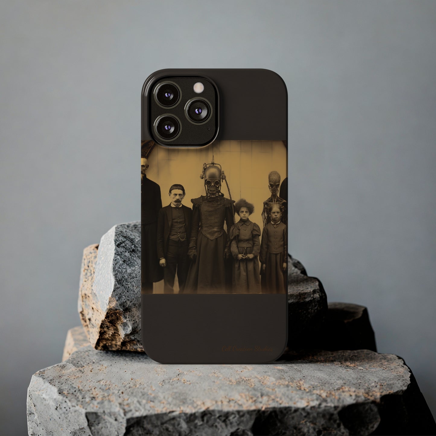 Introducing the "Vintage Odd Creatures" Cell Phone Case – Step into the Eerie Charm of a Haunting Family Portrait -Slim Phone Cases