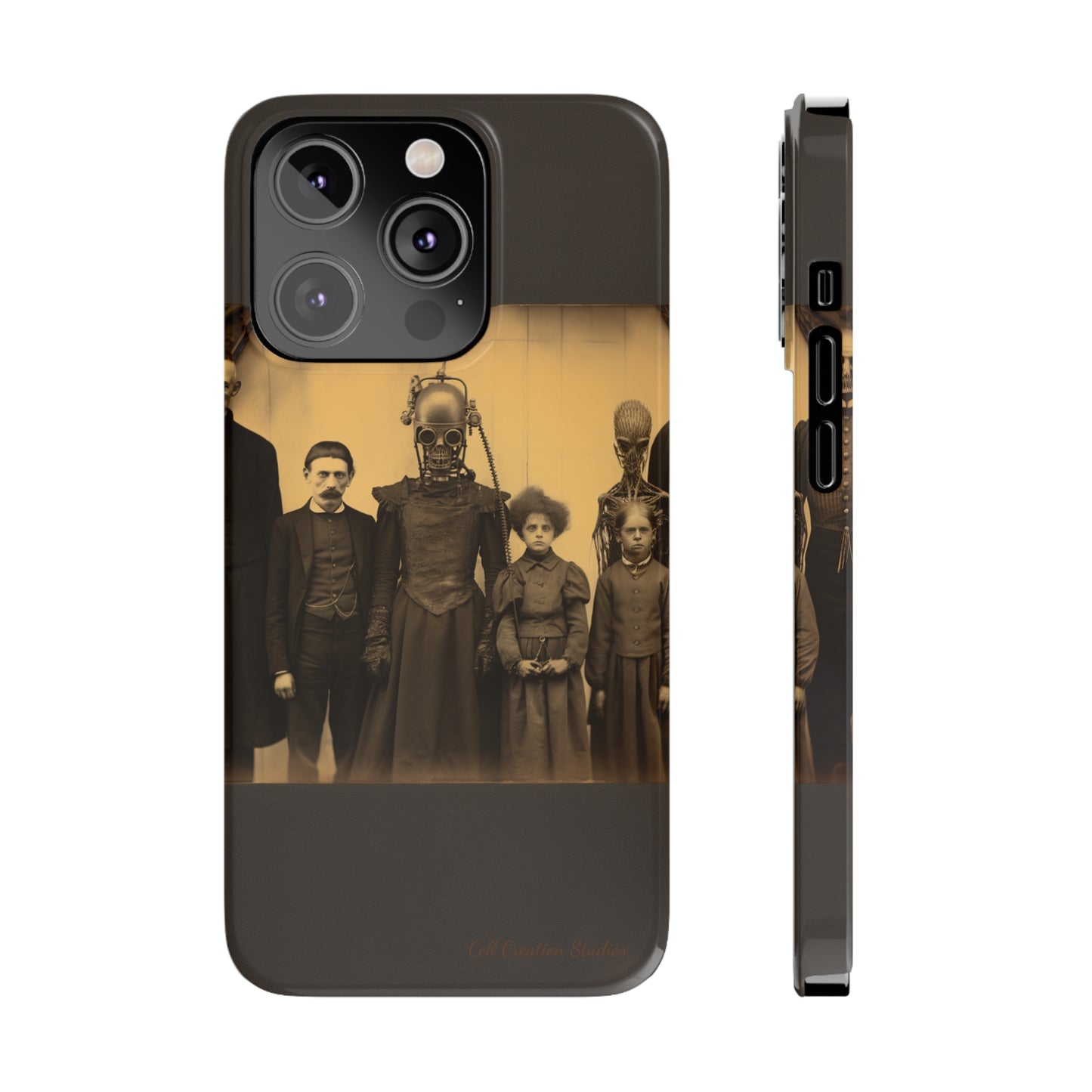 Introducing the "Vintage Odd Creatures" Cell Phone Case – Step into the Eerie Charm of a Haunting Family Portrait -Slim Phone Cases
