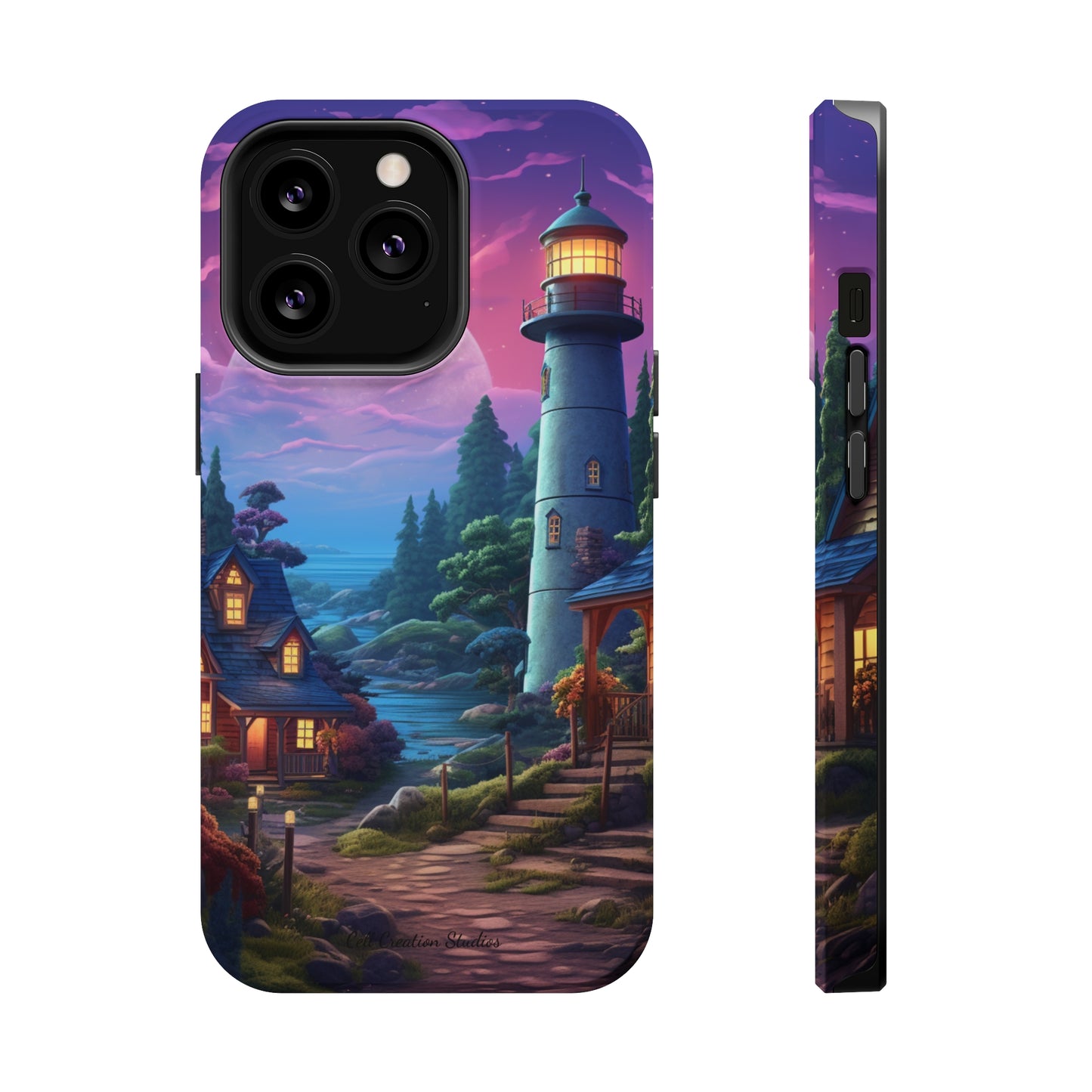 Introducing the "Tranquil Lighthouse Haven" Cell Phone Case – Embrace Serenity with a Picturesque Town and Lighthouse -MagSafe Tough Cases