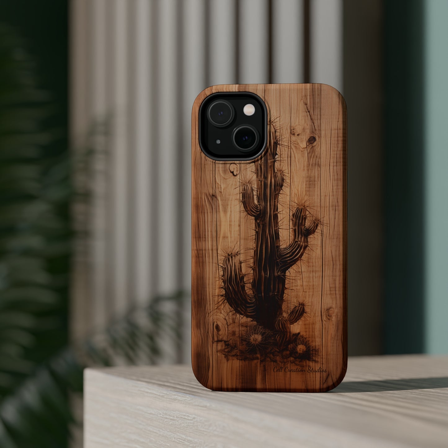 "Cactus Burnt Wood Design" Phone Case -MagSafe Tough Cases