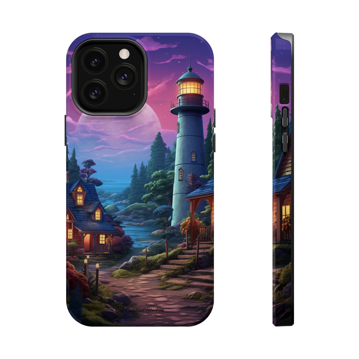 Introducing the "Tranquil Lighthouse Haven" Cell Phone Case – Embrace Serenity with a Picturesque Town and Lighthouse -MagSafe Tough Cases