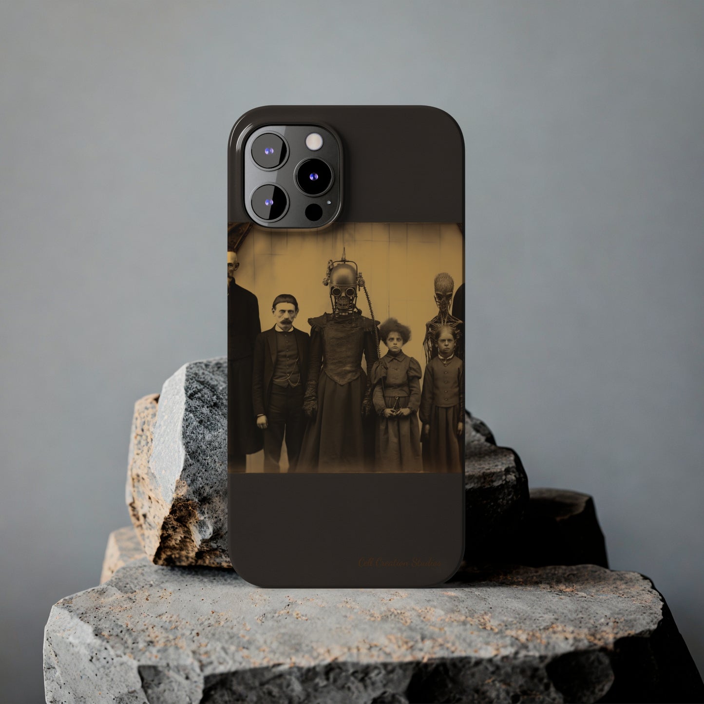 Introducing the "Vintage Odd Creatures" Cell Phone Case – Step into the Eerie Charm of a Haunting Family Portrait -Slim Phone Cases