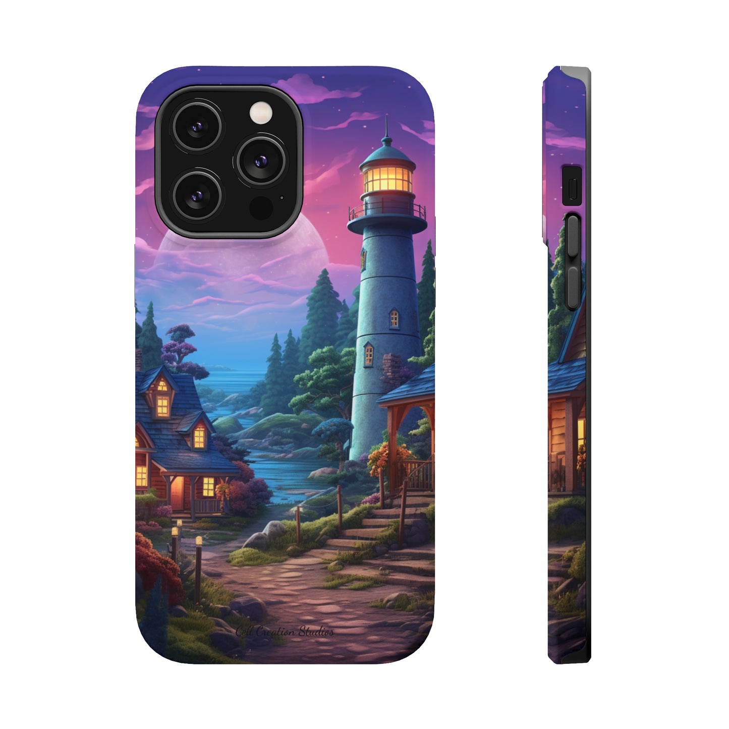 Introducing the "Tranquil Lighthouse Haven" Cell Phone Case – Embrace Serenity with a Picturesque Town and Lighthouse -MagSafe Tough Cases