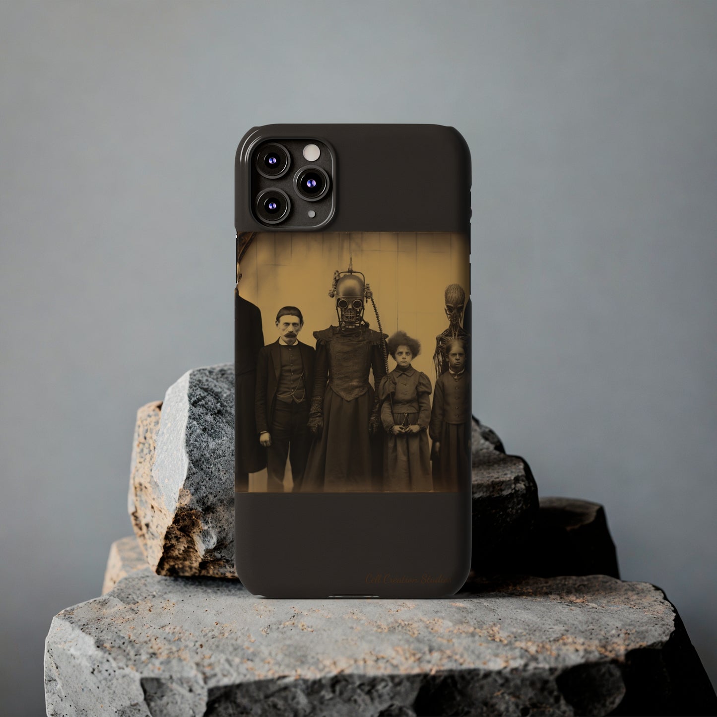 Introducing the "Vintage Odd Creatures" Cell Phone Case – Step into the Eerie Charm of a Haunting Family Portrait -Slim Phone Cases