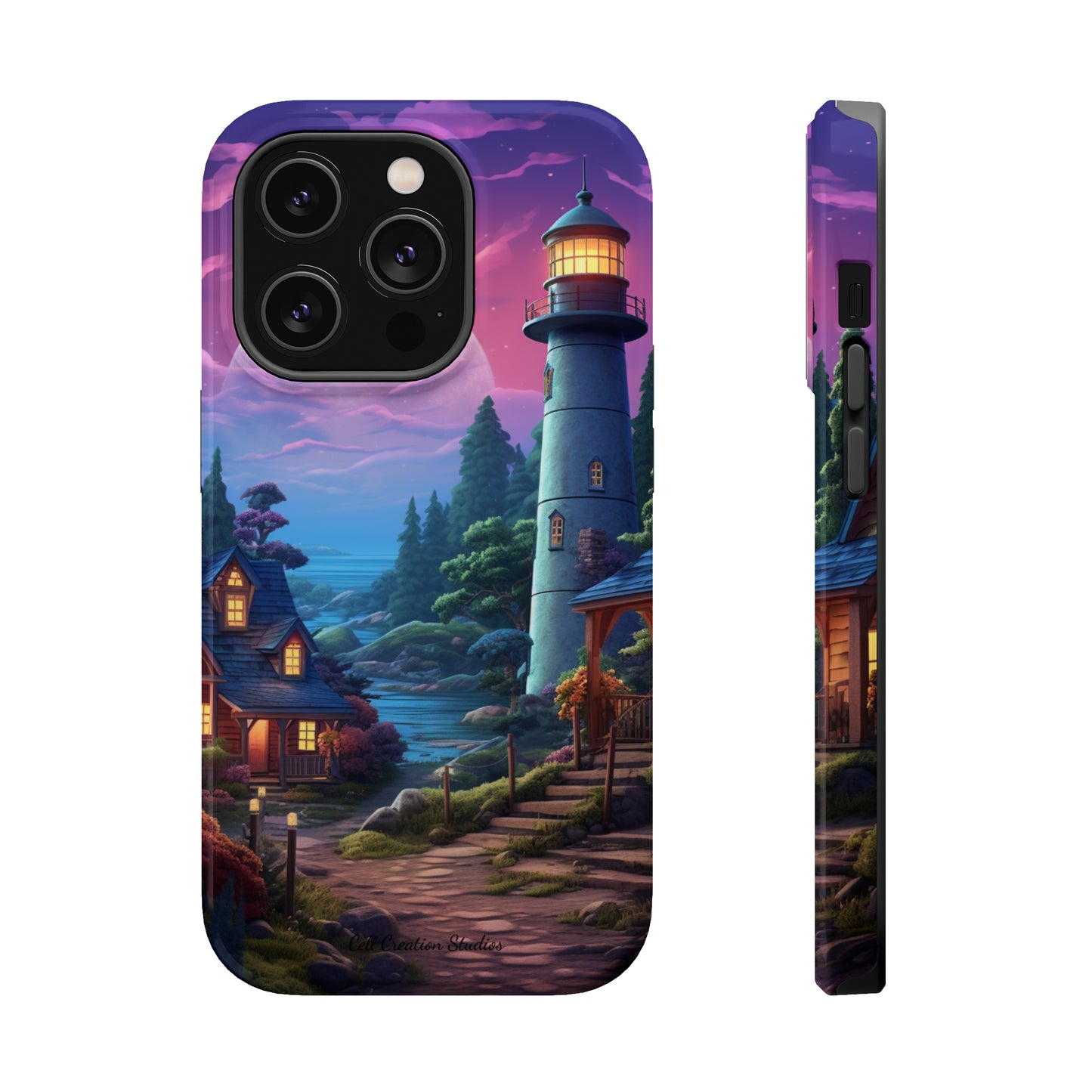 Introducing the "Tranquil Lighthouse Haven" Cell Phone Case – Embrace Serenity with a Picturesque Town and Lighthouse -MagSafe Tough Cases