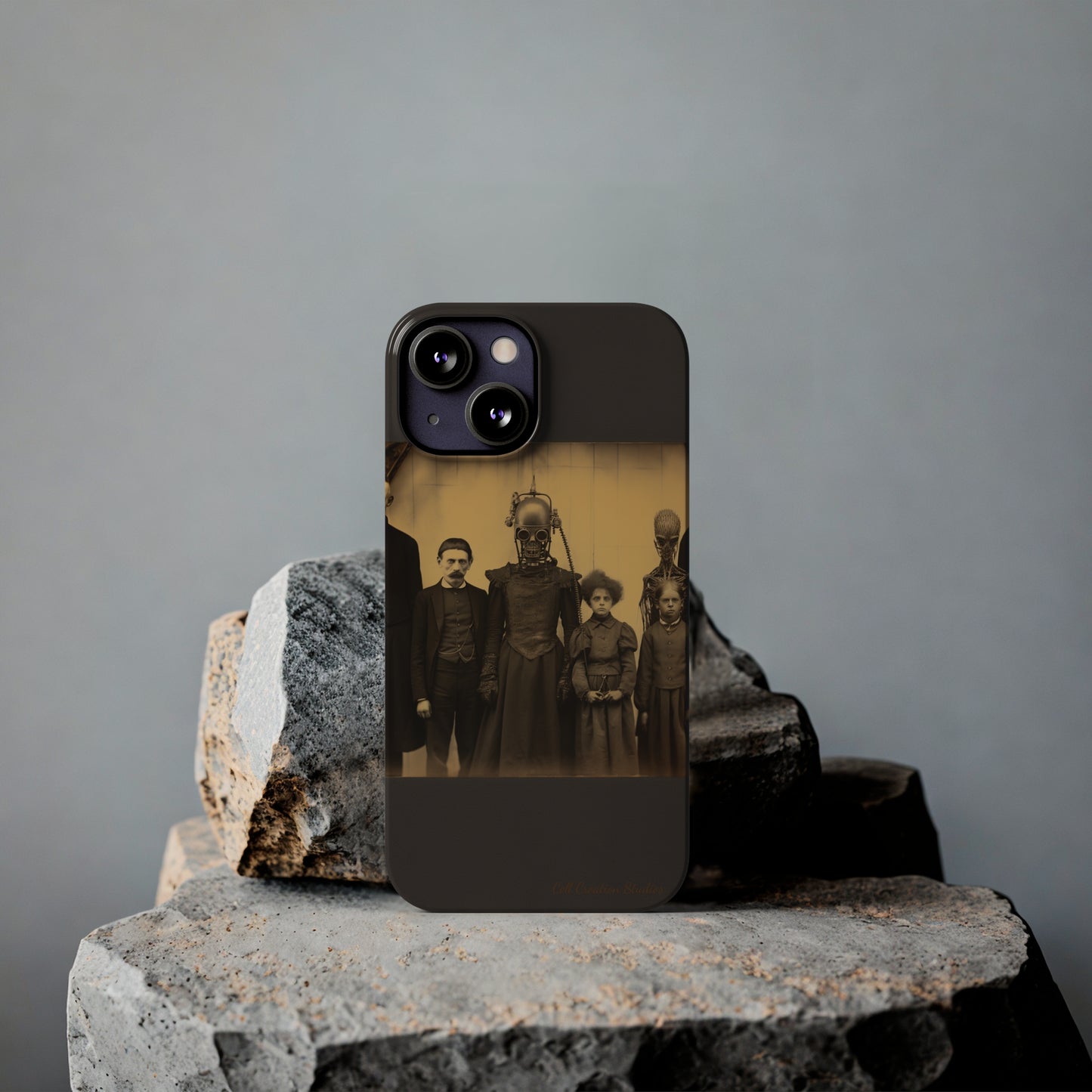 Introducing the "Vintage Odd Creatures" Cell Phone Case – Step into the Eerie Charm of a Haunting Family Portrait -Slim Phone Cases