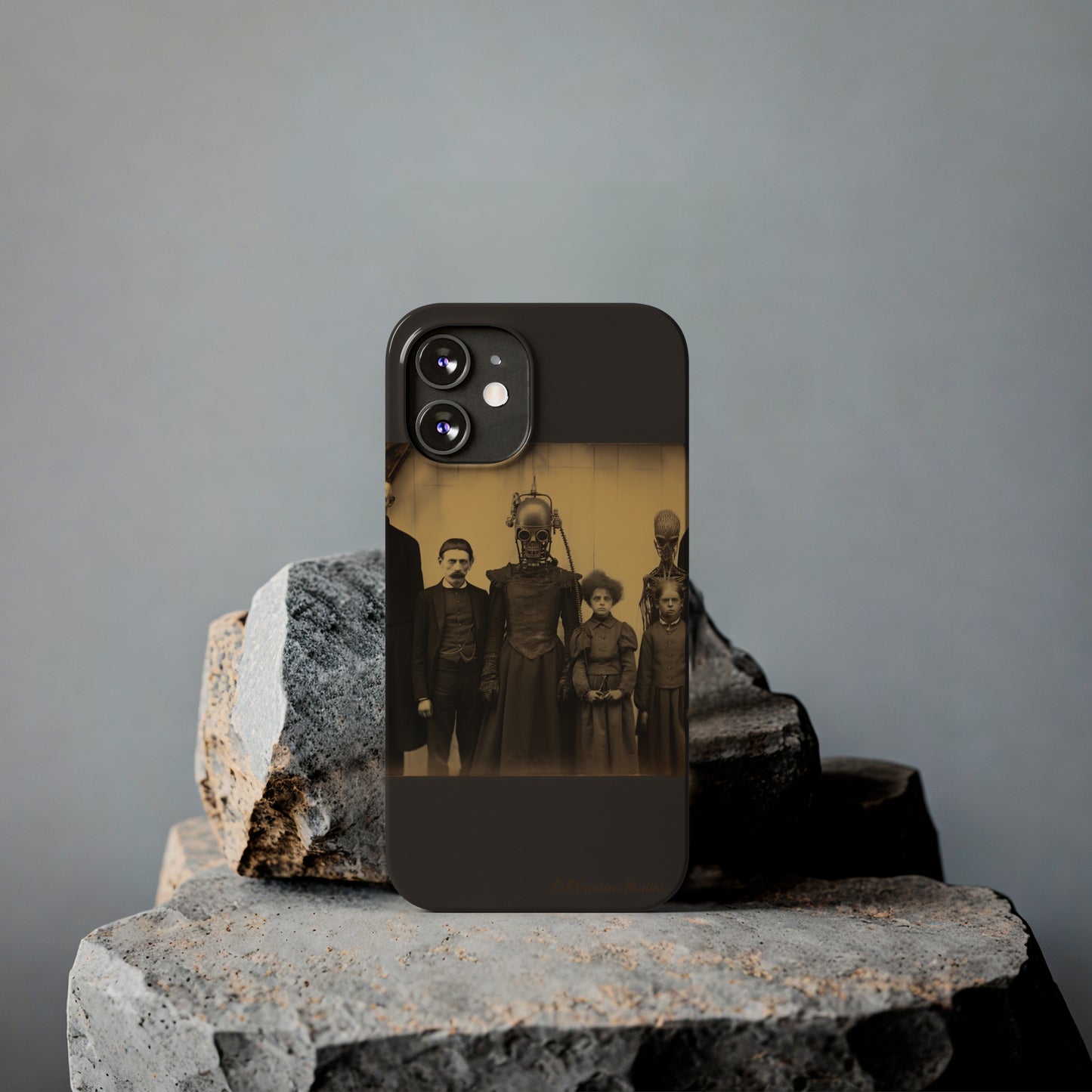 Introducing the "Vintage Odd Creatures" Cell Phone Case – Step into the Eerie Charm of a Haunting Family Portrait -Slim Phone Cases