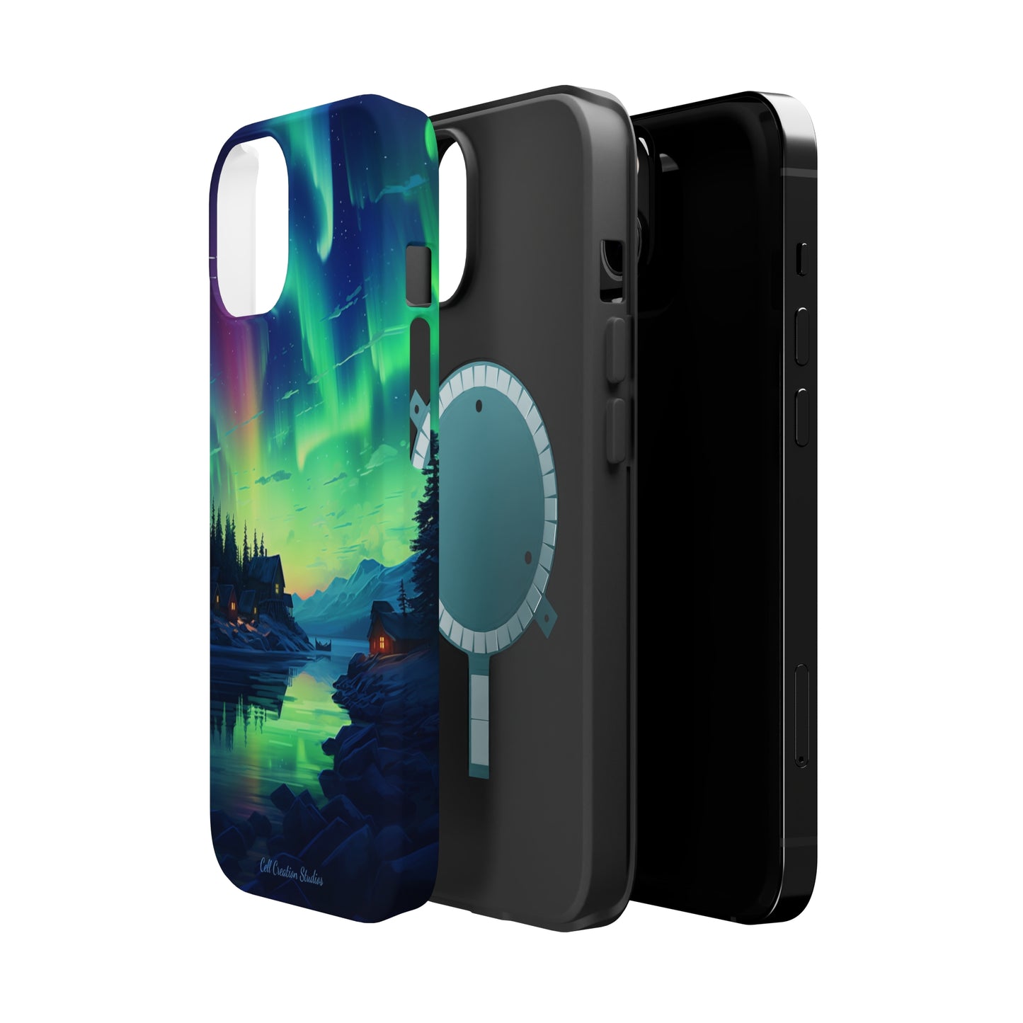 Introducing the "Northern Lights Haven" Cell Phone Case – Experience the Enchantment of Aurora Borealis and Charming Townscape -MagSafe Tough Cases