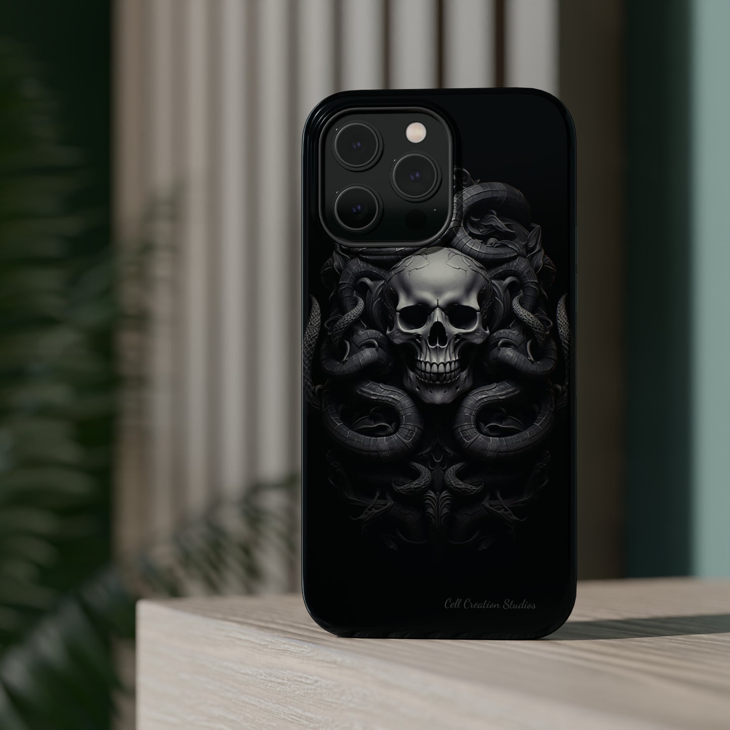 Introducing the "Monochrome Skull and Snakes" Cell Phone Case – A Bold Statement -MagSafe Tough Cases