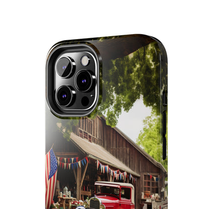 Introducing the "1930s Americana Revival" Cell Phone Case – Relive Vintage Charm with Classic Car, Barn, and the Stars and Stripes -Tough Phone Cases