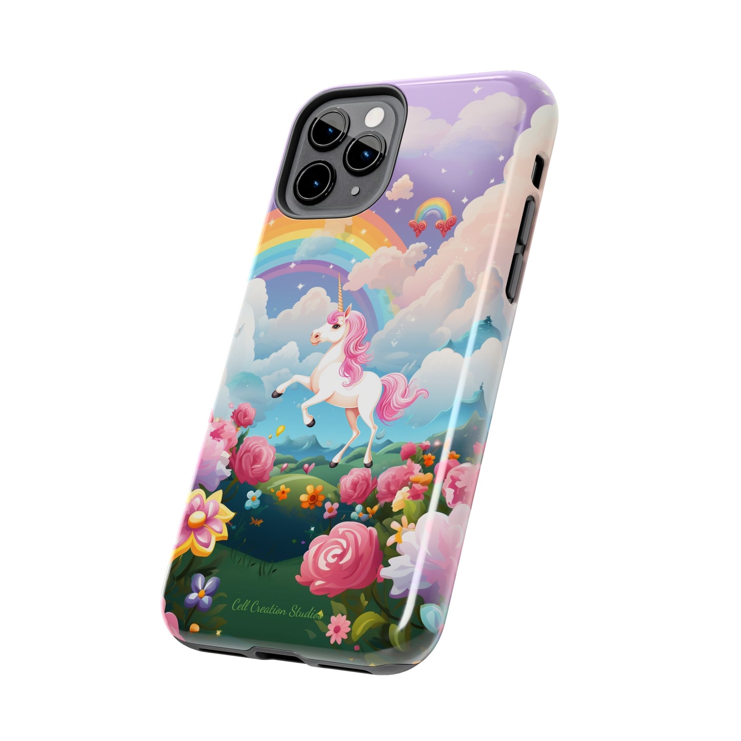 Introducing the "Floral Enchantment" Cell Phone Case – Embrace Your Imagination with a Unicorn in a Field of Flowers -Tough Phone Cases