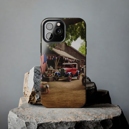 Introducing the "1930s Americana Revival" Cell Phone Case – Relive Vintage Charm with Classic Car, Barn, and the Stars and Stripes -Tough Phone Cases