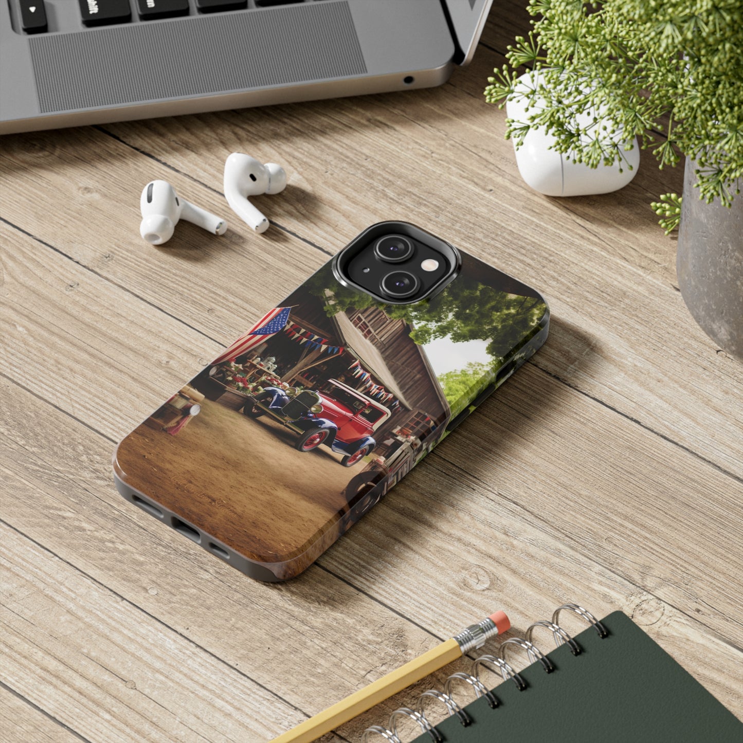 Introducing the "1930s Americana Revival" Cell Phone Case – Relive Vintage Charm with Classic Car, Barn, and the Stars and Stripes -Tough Phone Cases