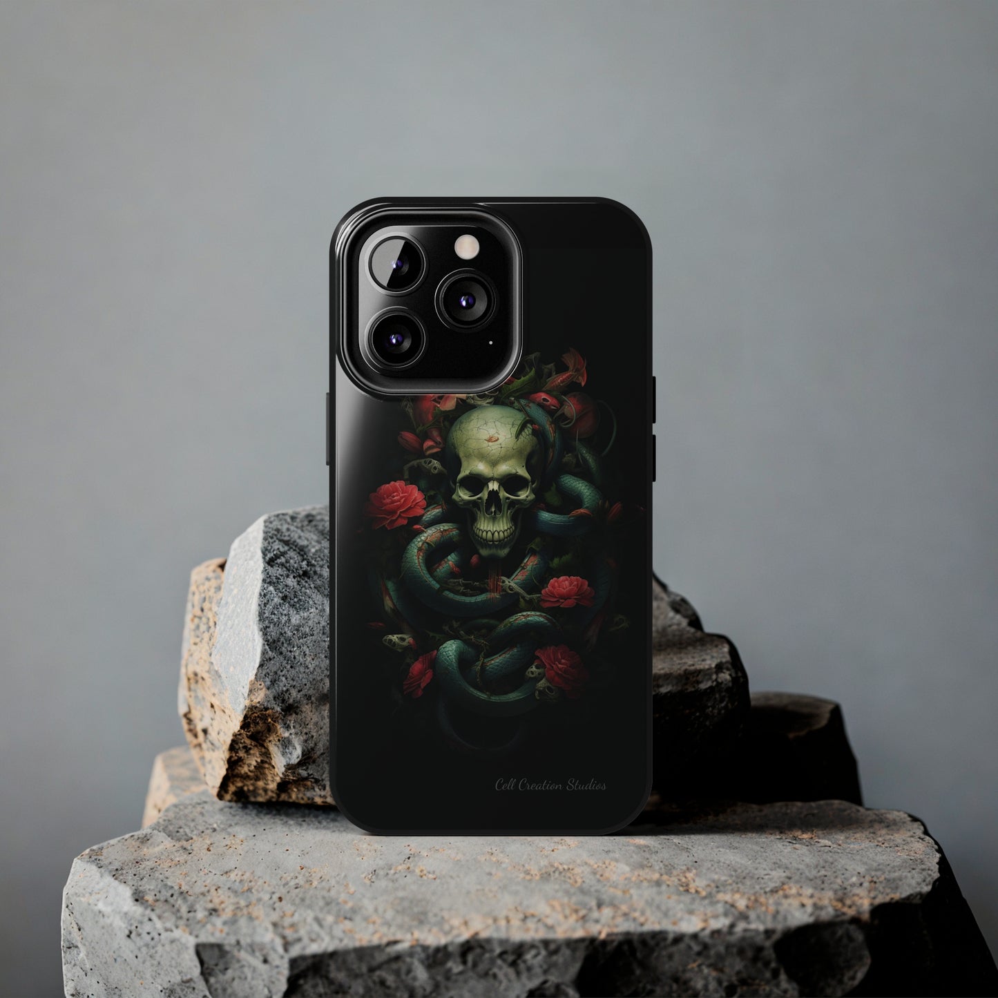 Introducing the "Serpentine Elegance" Cell Phone Case: Where Skulls and Snakes, Intertwine -Tough Phone Cases