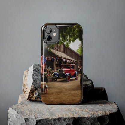 Introducing the "1930s Americana Revival" Cell Phone Case – Relive Vintage Charm with Classic Car, Barn, and the Stars and Stripes -Tough Phone Cases