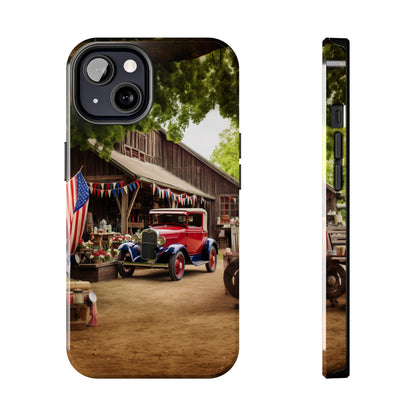 Introducing the "1930s Americana Revival" Cell Phone Case – Relive Vintage Charm with Classic Car, Barn, and the Stars and Stripes -Tough Phone Cases