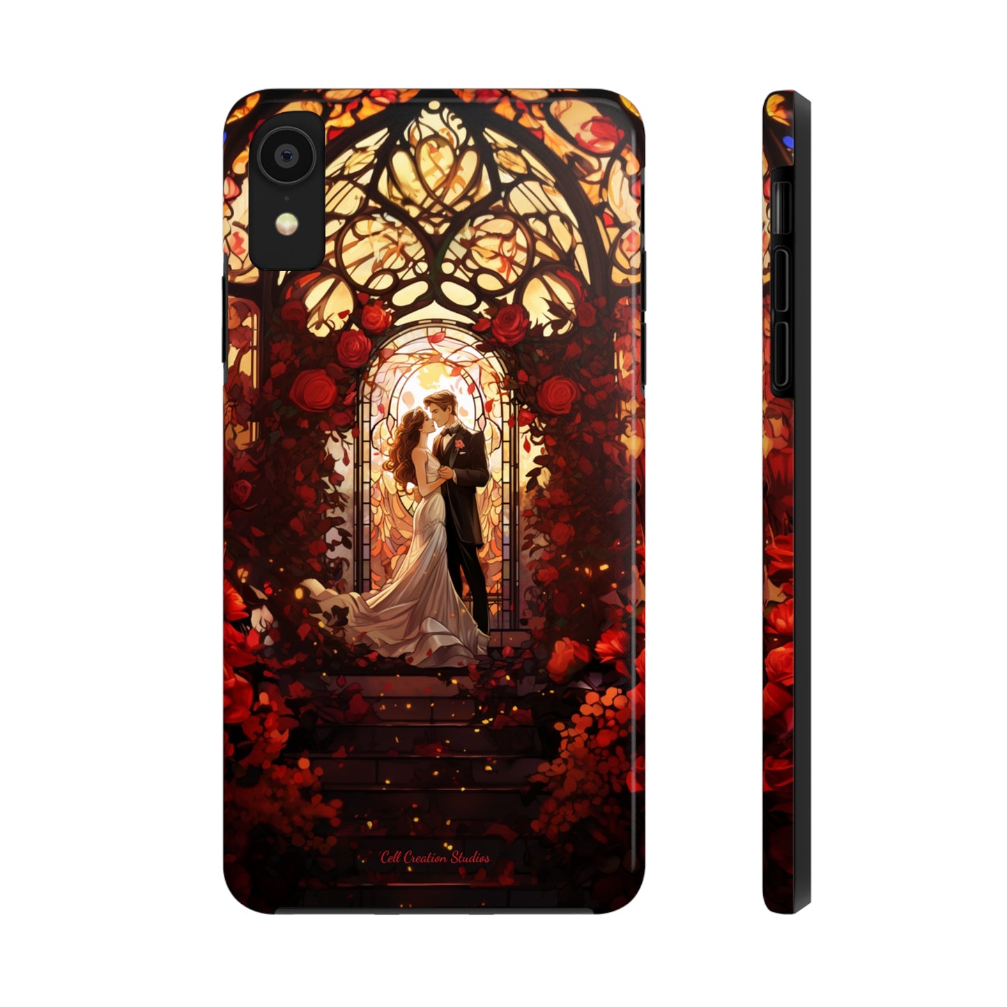 Introducing the "Stained Glass Love" Cell Phone Case – Capture the Romance of a Couple in Front of a Stained Glass Window -Tough Phone Cases