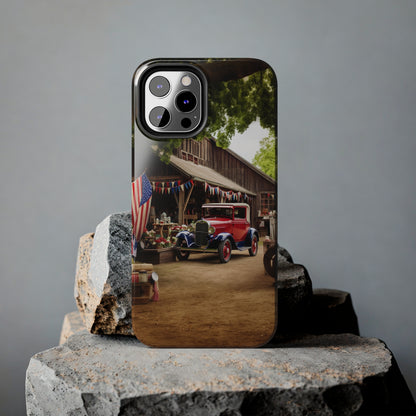 Introducing the "1930s Americana Revival" Cell Phone Case – Relive Vintage Charm with Classic Car, Barn, and the Stars and Stripes -Tough Phone Cases