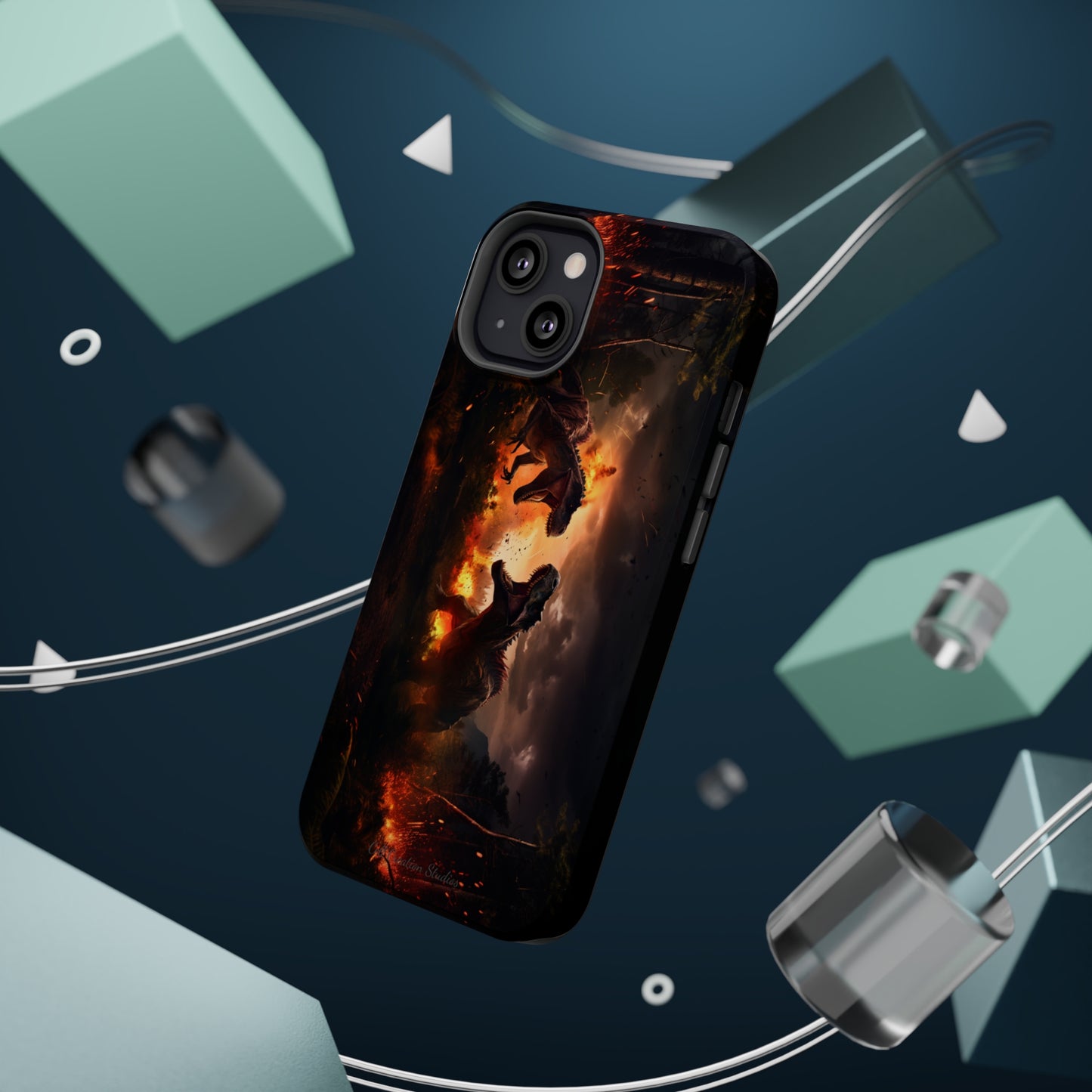 Introducing the "Ancient Battle Inferno" Cell Phone Case – Witness Epic Dinosaur Clash in a Fiery Forest! -MagSafe Tough Cases