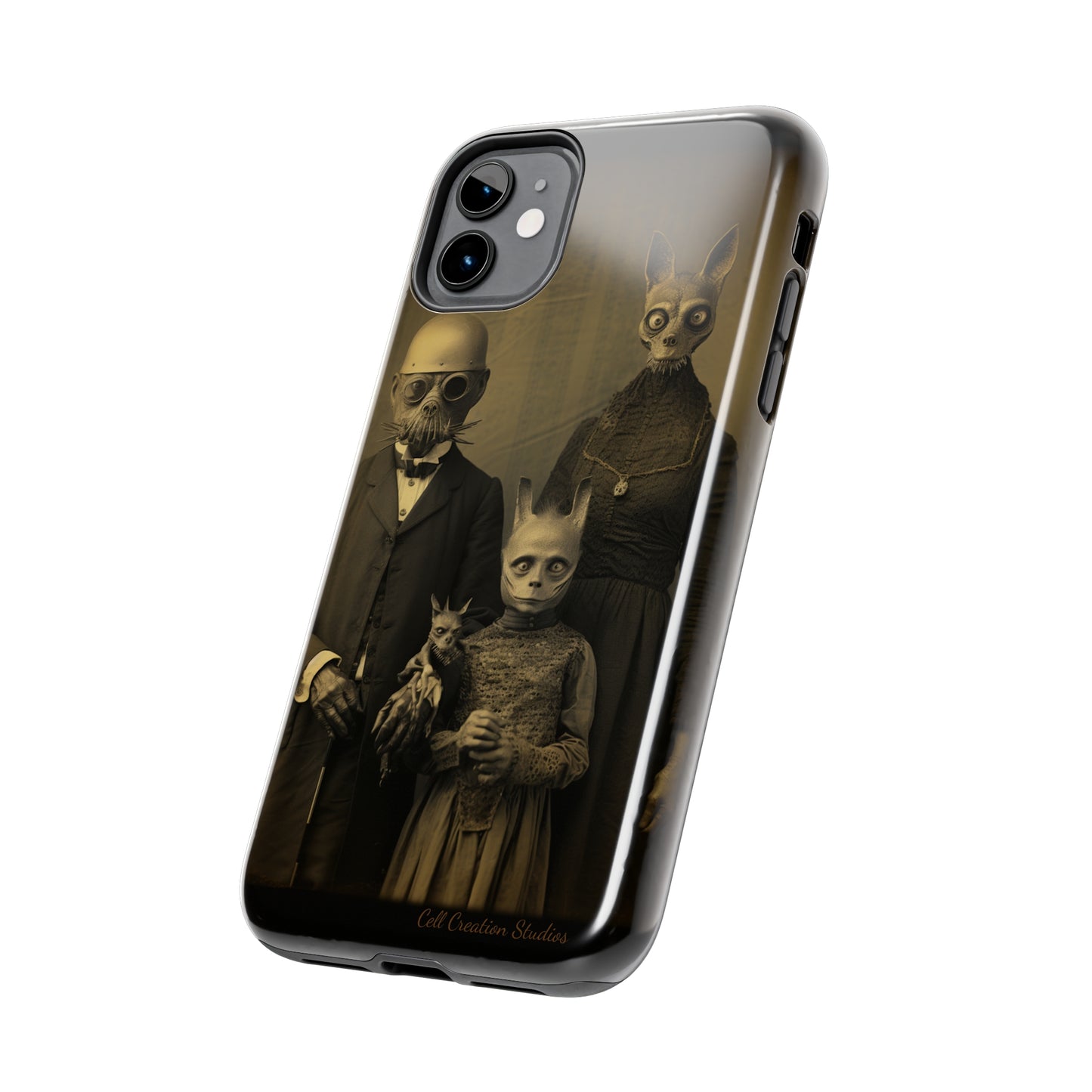 Introducing the "Vintage Odd Creatures" Cell Phone Case – Step into the Eerie Charm of a Haunting Family Portrait -Tough Phone Cases