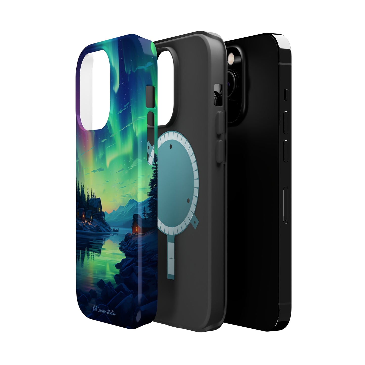 Introducing the "Northern Lights Haven" Cell Phone Case – Experience the Enchantment of Aurora Borealis and Charming Townscape -MagSafe Tough Cases