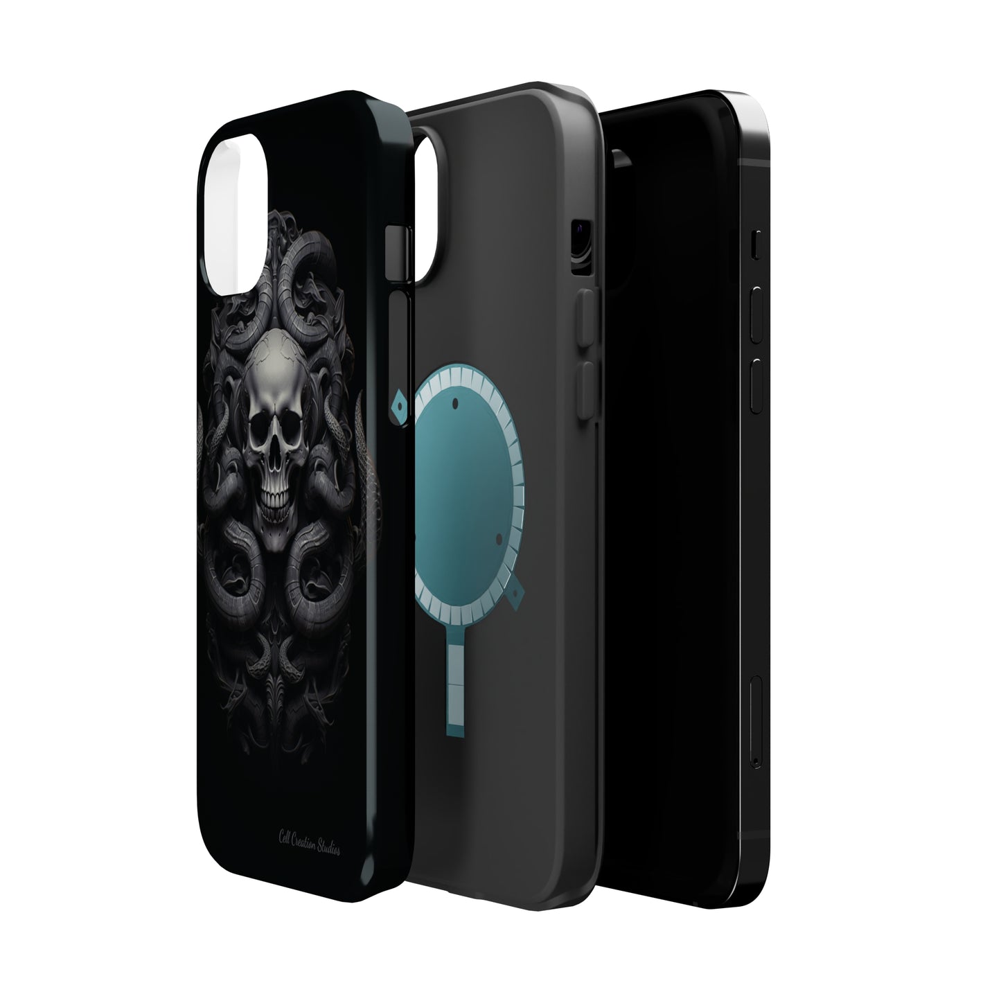 Introducing the "Monochrome Skull and Snakes" Cell Phone Case – A Bold Statement -MagSafe Tough Cases