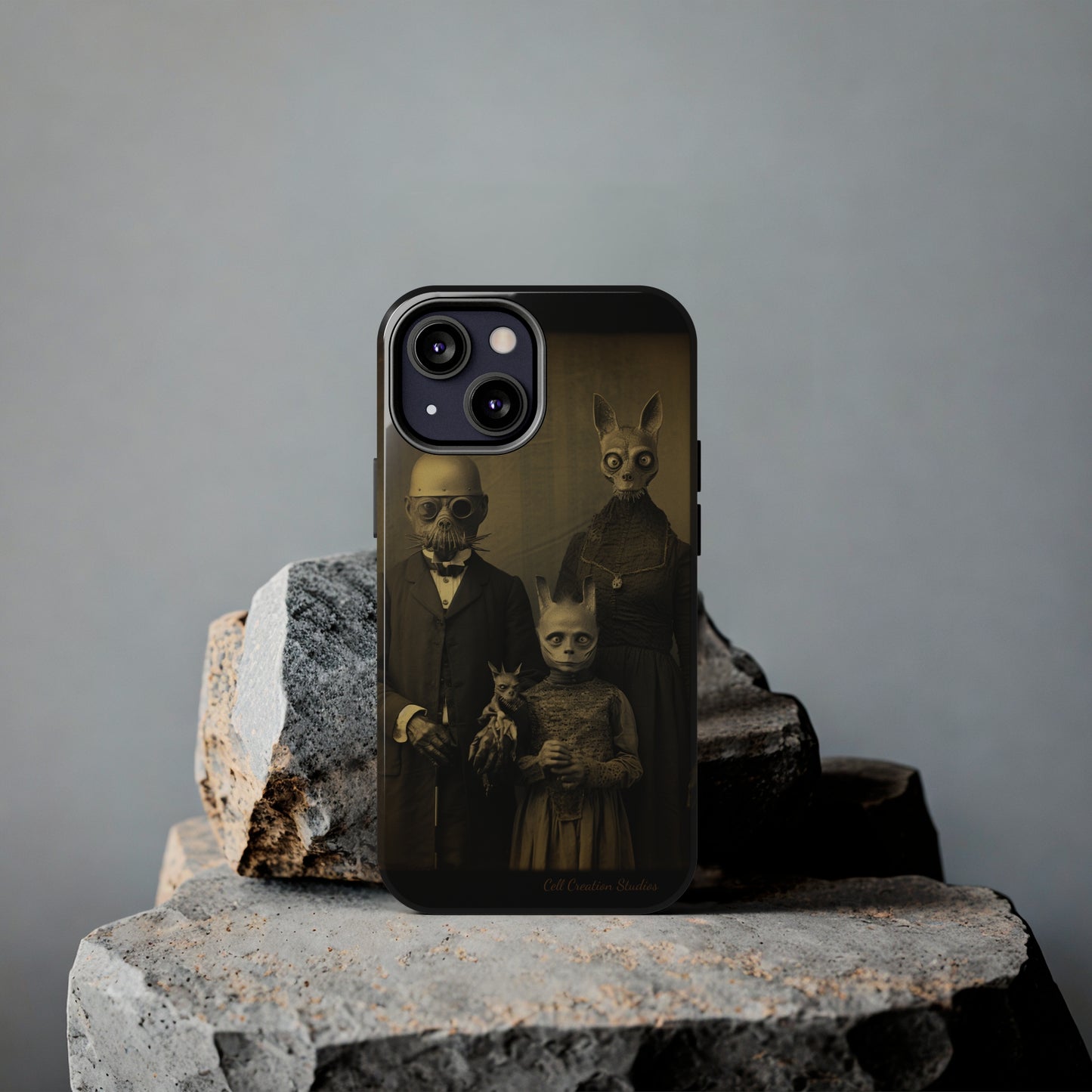 Introducing the "Vintage Odd Creatures" Cell Phone Case – Step into the Eerie Charm of a Haunting Family Portrait -Tough Phone Cases