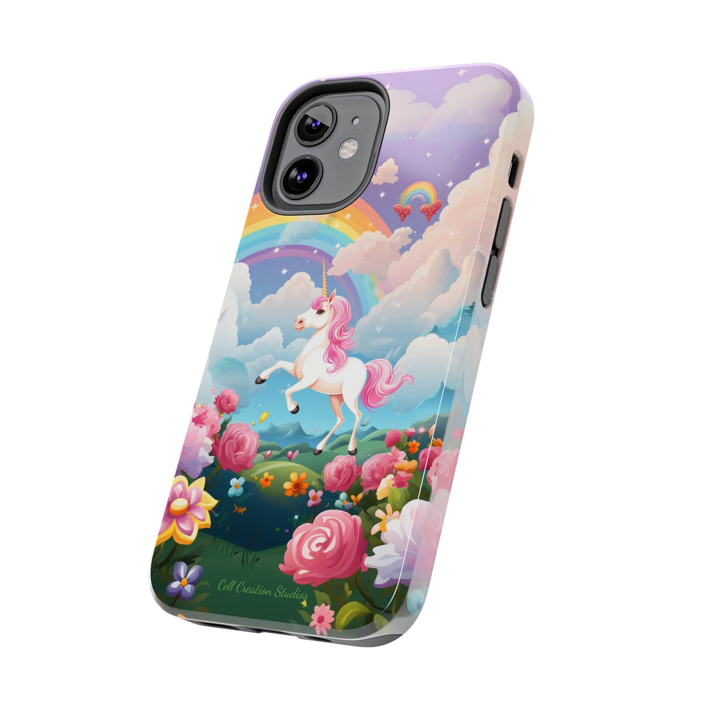 Introducing the "Floral Enchantment" Cell Phone Case – Embrace Your Imagination with a Unicorn in a Field of Flowers -Tough Phone Cases