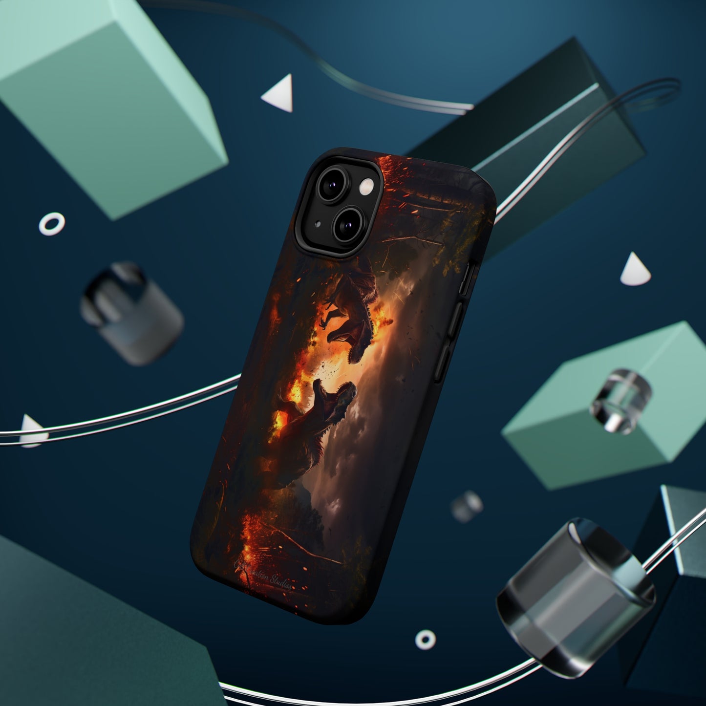 Introducing the "Ancient Battle Inferno" Cell Phone Case – Witness Epic Dinosaur Clash in a Fiery Forest! -MagSafe Tough Cases