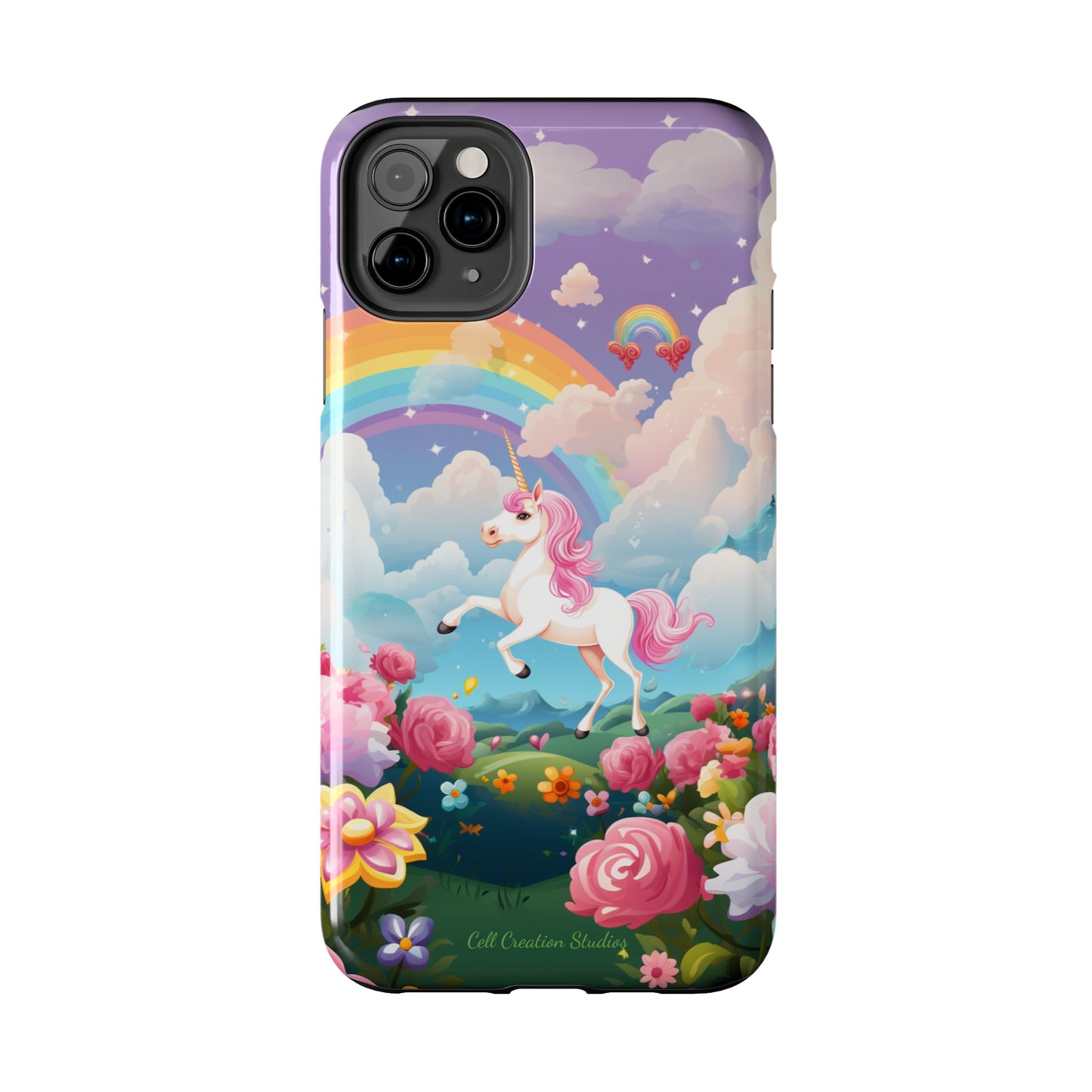 Introducing the "Floral Enchantment" Cell Phone Case – Embrace Your Imagination with a Unicorn in a Field of Flowers -Tough Phone Cases