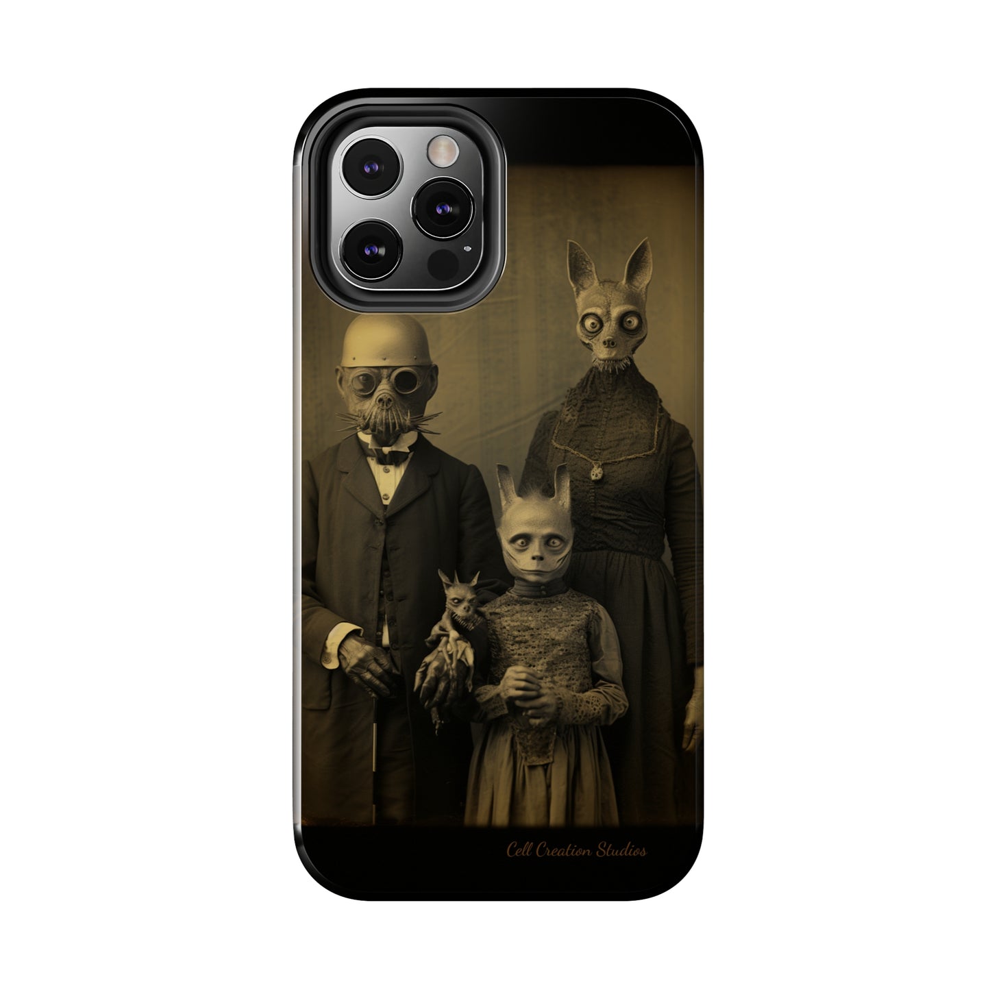 Introducing the "Vintage Odd Creatures" Cell Phone Case – Step into the Eerie Charm of a Haunting Family Portrait -Tough Phone Cases