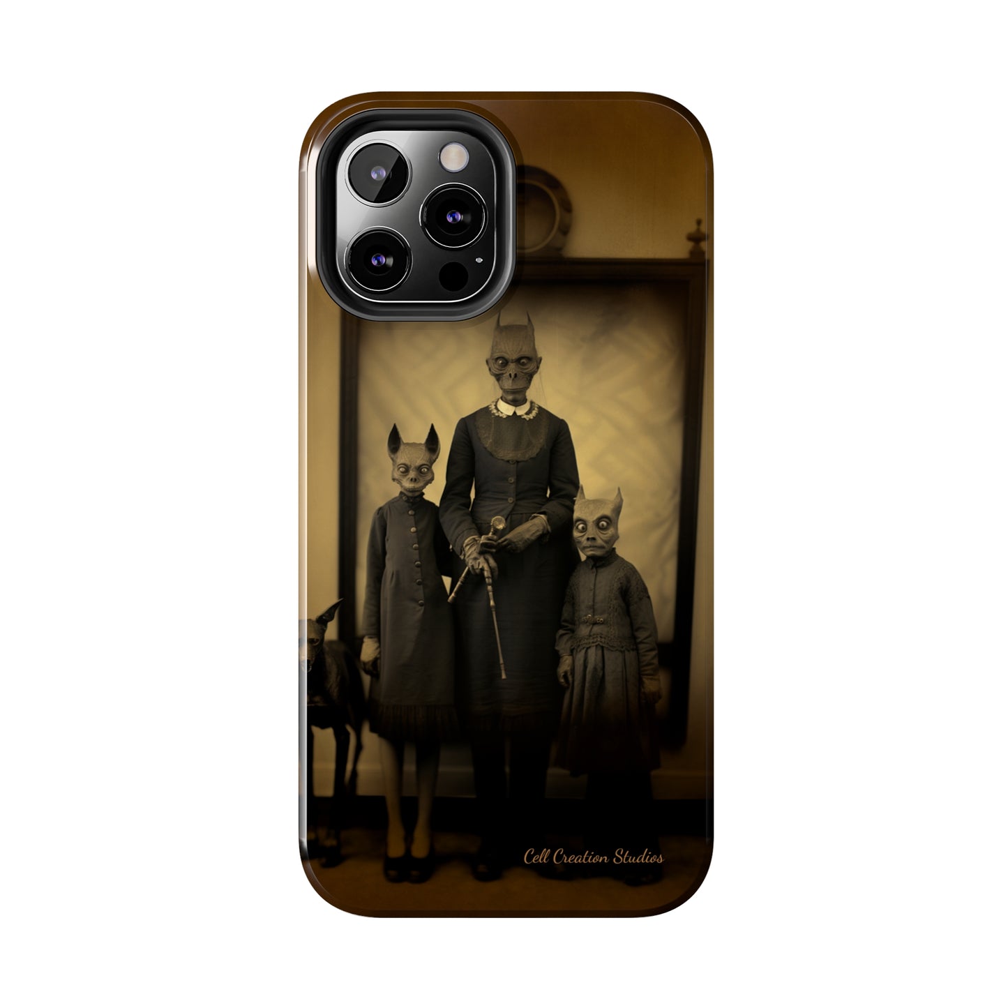 Introducing the "Vintage Odd Creatures" Cell Phone Case – Step into the Eerie Charm of a Haunting Family Portrait -Tough Phone Cases