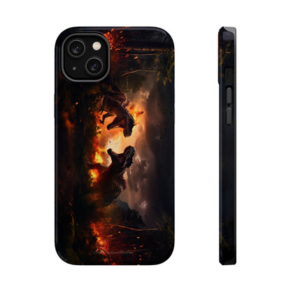 Introducing the "Ancient Battle Inferno" Cell Phone Case – Witness Epic Dinosaur Clash in a Fiery Forest! -MagSafe Tough Cases