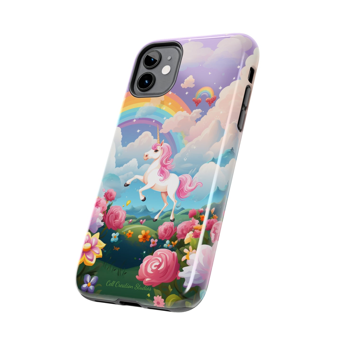 Introducing the "Floral Enchantment" Cell Phone Case – Embrace Your Imagination with a Unicorn in a Field of Flowers -Tough Phone Cases