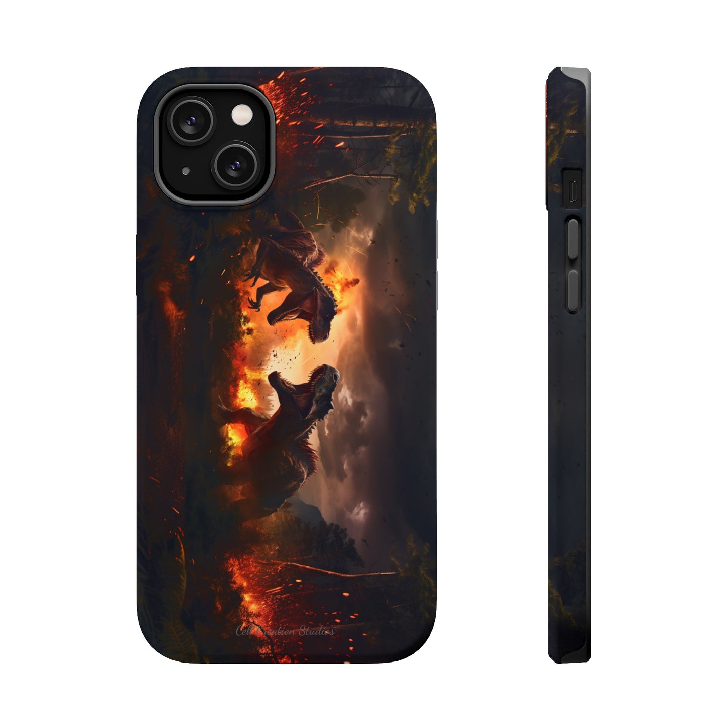 Introducing the "Ancient Battle Inferno" Cell Phone Case – Witness Epic Dinosaur Clash in a Fiery Forest! -MagSafe Tough Cases