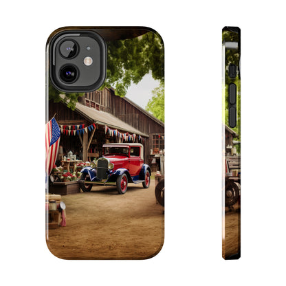 Introducing the "1930s Americana Revival" Cell Phone Case – Relive Vintage Charm with Classic Car, Barn, and the Stars and Stripes -Tough Phone Cases