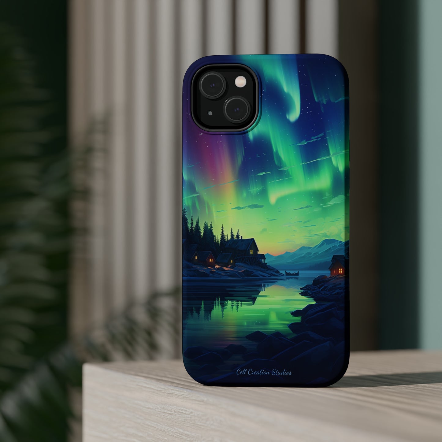 Introducing the "Northern Lights Haven" Cell Phone Case – Experience the Enchantment of Aurora Borealis and Charming Townscape -MagSafe Tough Cases