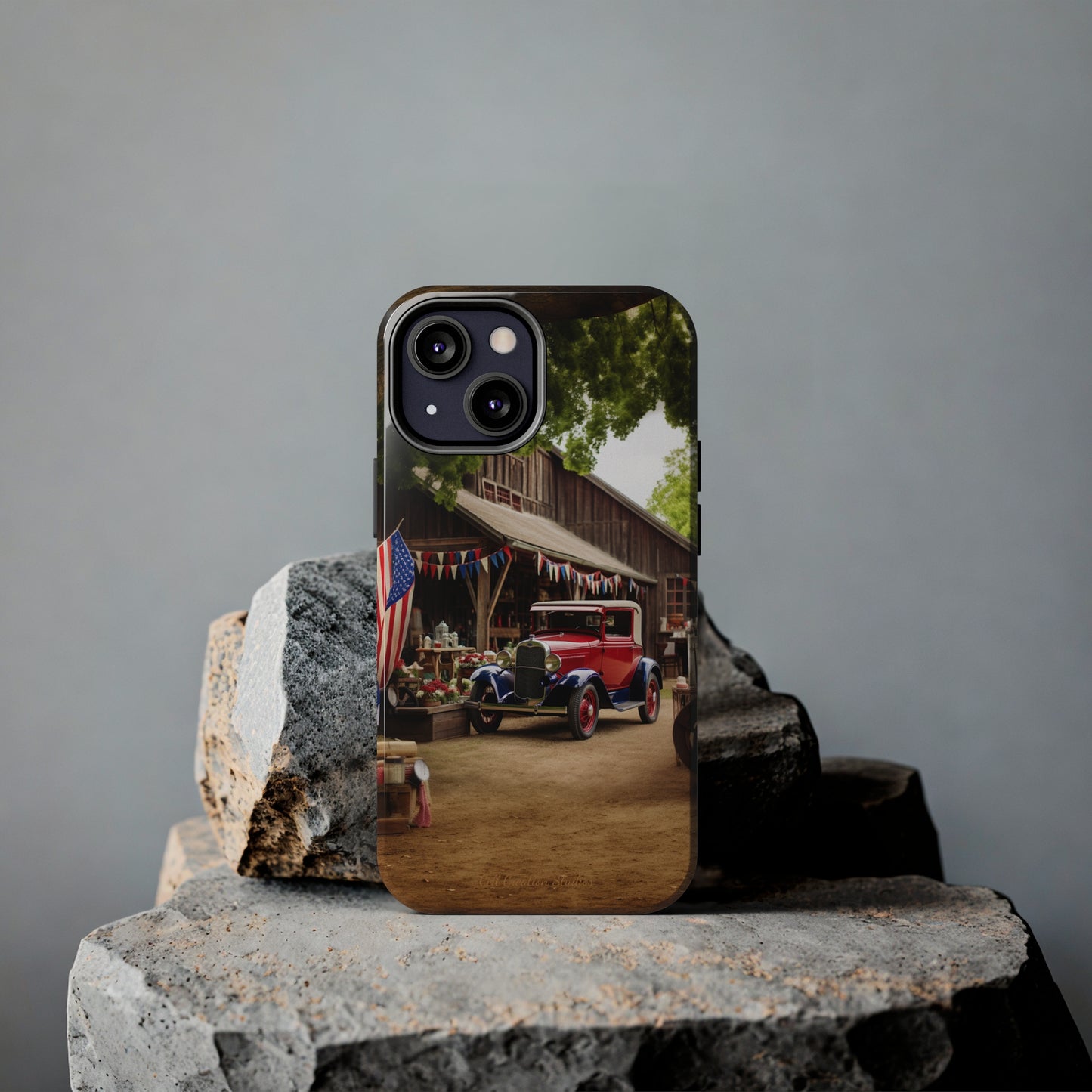 Introducing the "1930s Americana Revival" Cell Phone Case – Relive Vintage Charm with Classic Car, Barn, and the Stars and Stripes -Tough Phone Cases