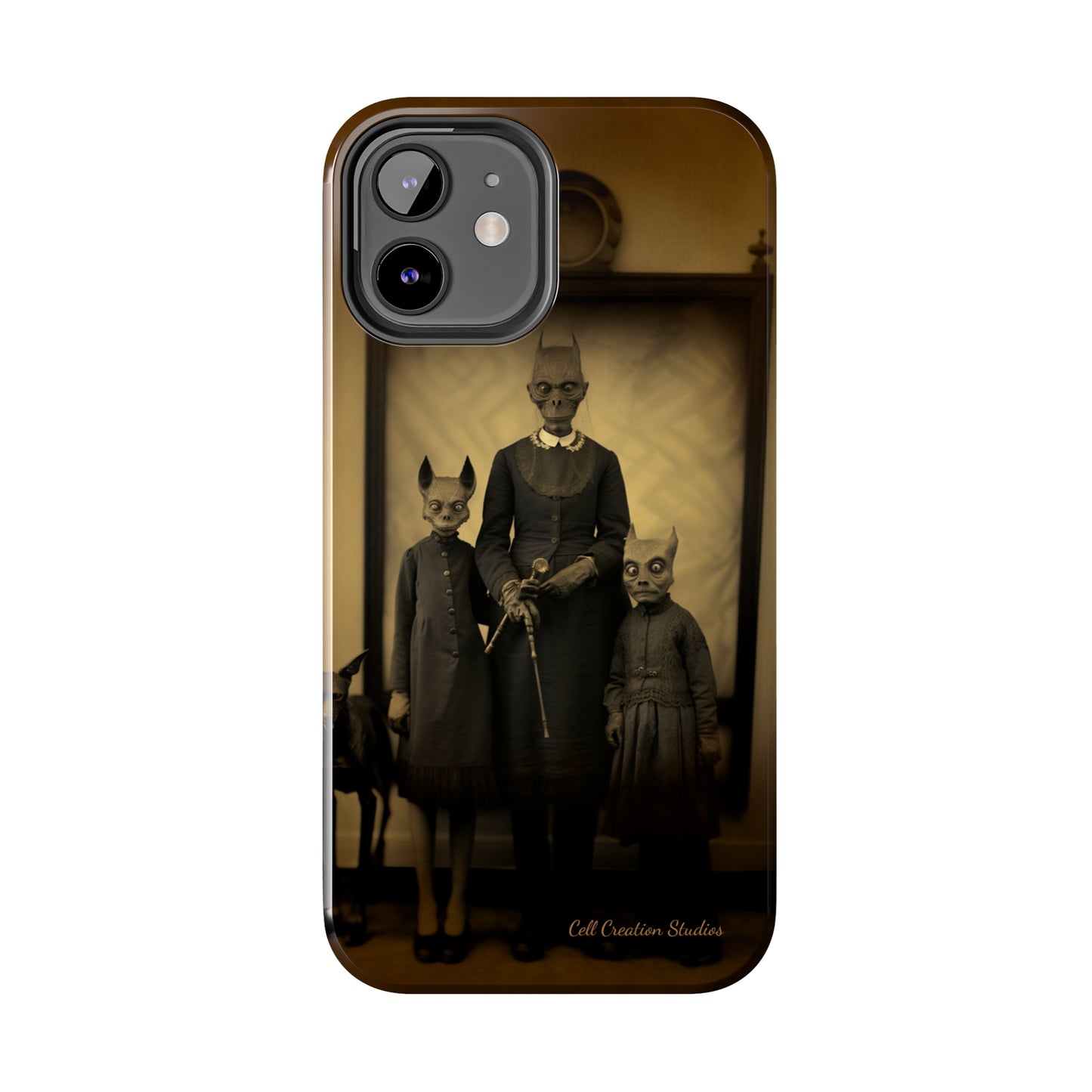 Introducing the "Vintage Odd Creatures" Cell Phone Case – Step into the Eerie Charm of a Haunting Family Portrait -Tough Phone Cases