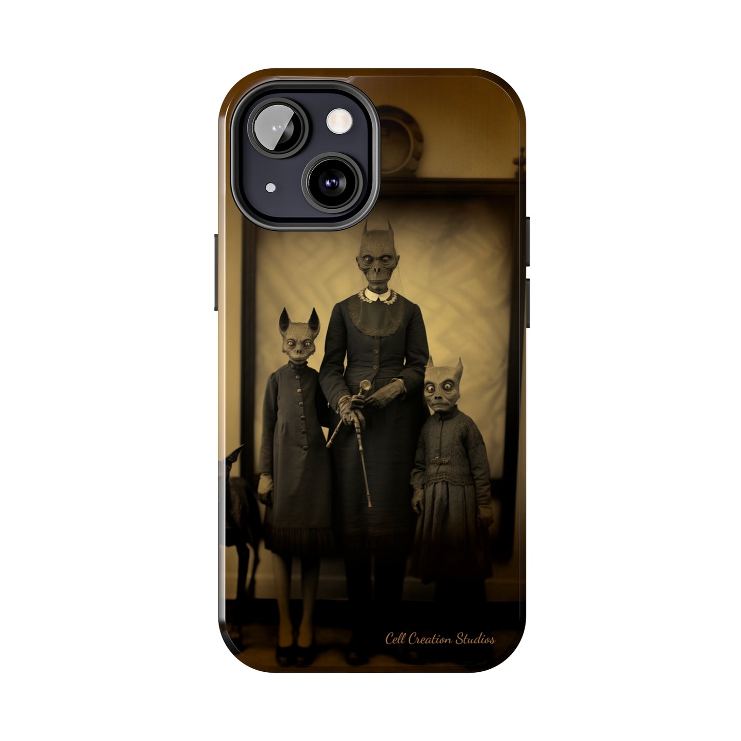 Introducing the "Vintage Odd Creatures" Cell Phone Case – Step into the Eerie Charm of a Haunting Family Portrait -Tough Phone Cases