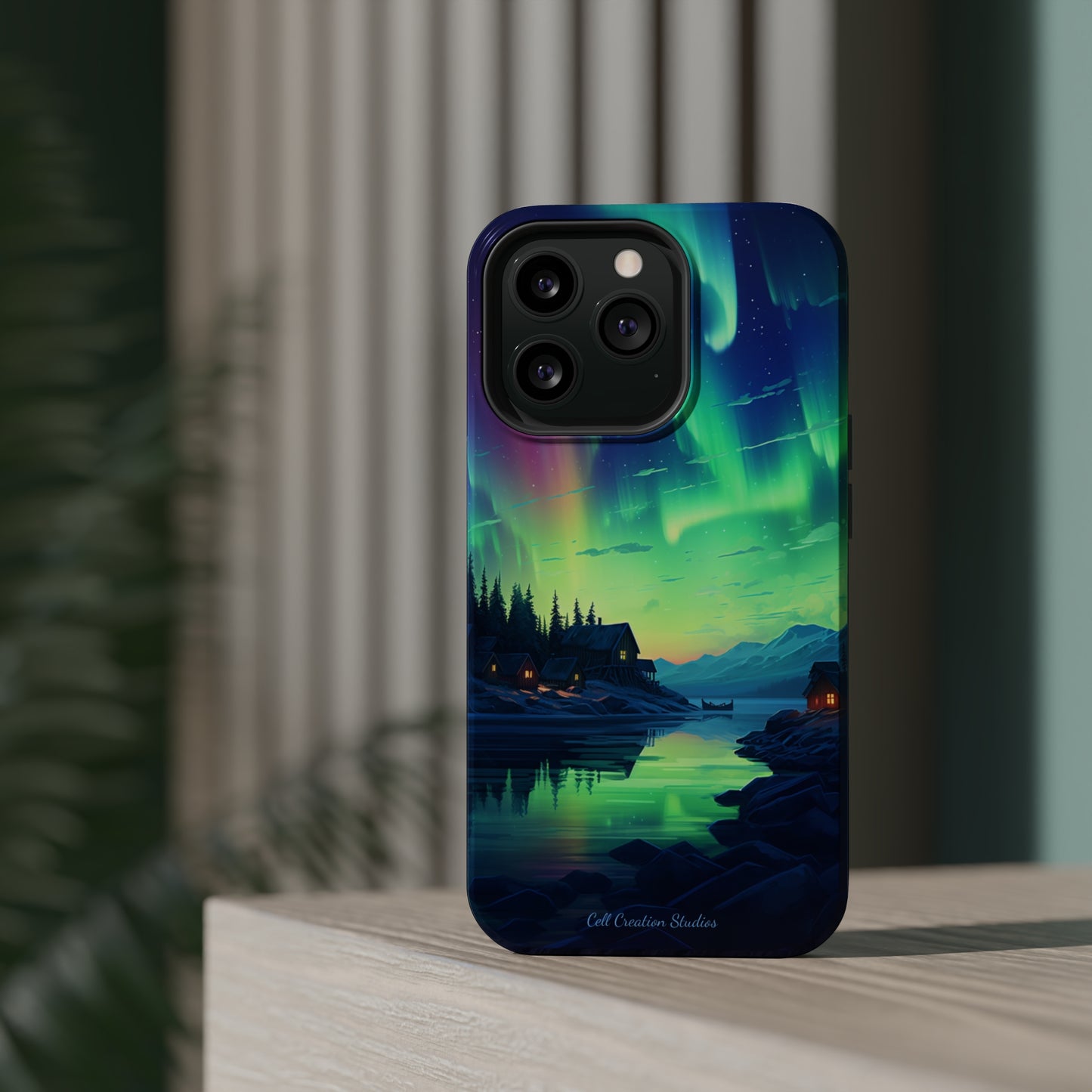 Introducing the "Northern Lights Haven" Cell Phone Case – Experience the Enchantment of Aurora Borealis and Charming Townscape -MagSafe Tough Cases