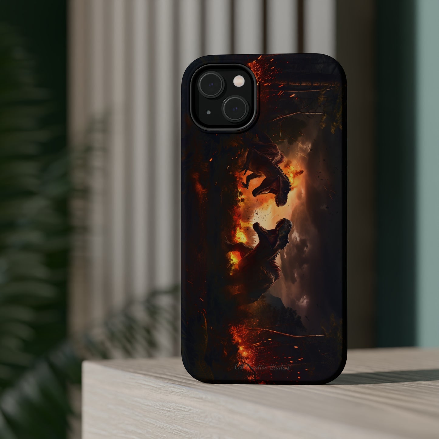 Introducing the "Ancient Battle Inferno" Cell Phone Case – Witness Epic Dinosaur Clash in a Fiery Forest! -MagSafe Tough Cases