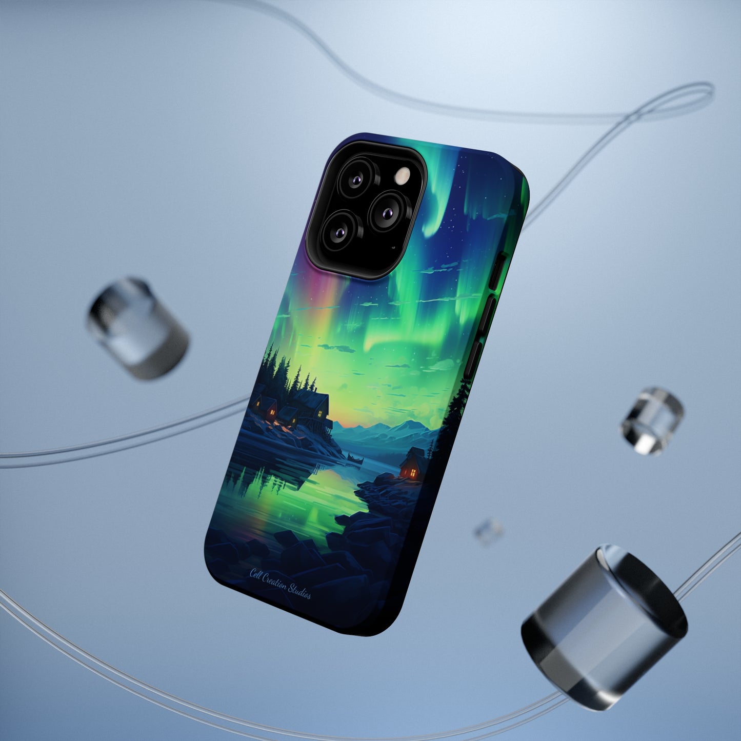 Introducing the "Northern Lights Haven" Cell Phone Case – Experience the Enchantment of Aurora Borealis and Charming Townscape -MagSafe Tough Cases