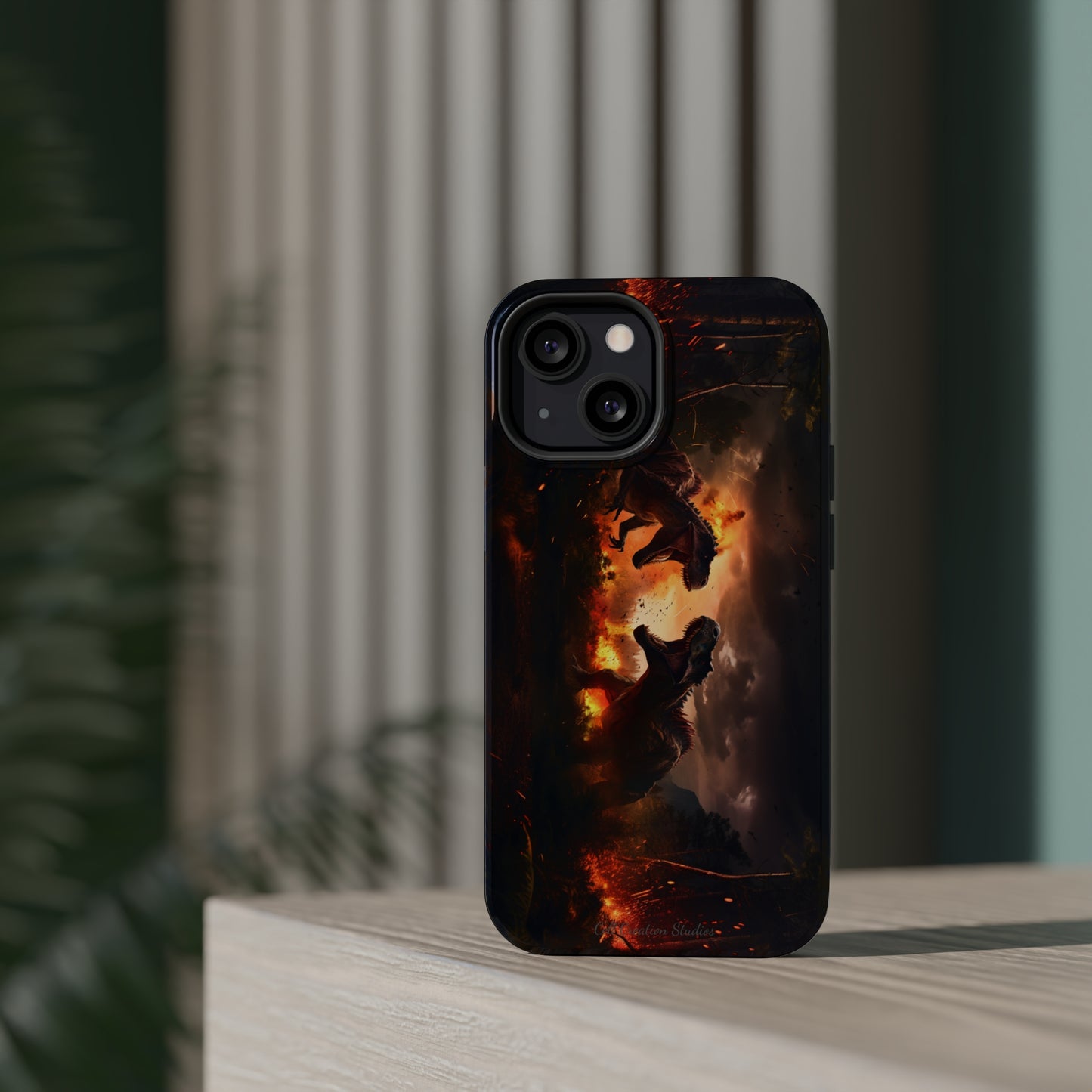 Introducing the "Ancient Battle Inferno" Cell Phone Case – Witness Epic Dinosaur Clash in a Fiery Forest! -MagSafe Tough Cases