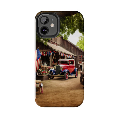 Introducing the "1930s Americana Revival" Cell Phone Case – Relive Vintage Charm with Classic Car, Barn, and the Stars and Stripes -Tough Phone Cases